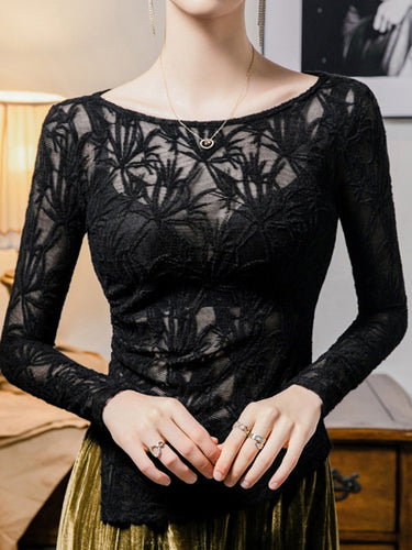 Long Sleeves Plus Size Hollow See-Through Solid Color Split-Side Round-Neck T-Shirts Tops