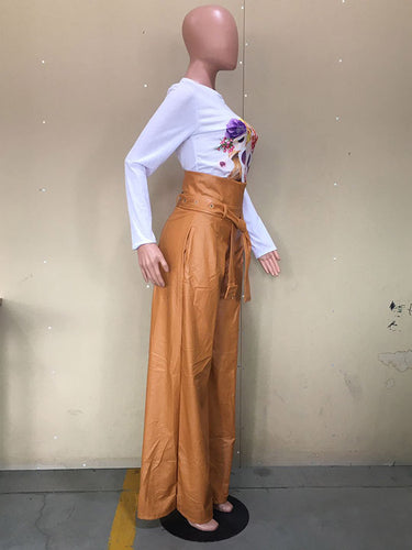 1418113 High Waisted Wide Leg Belted Solid Color Zipper Pants Trousers