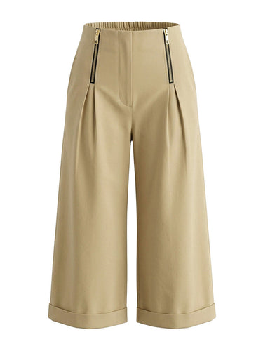 1780722 High Waisted Wide Leg Elasticity Pleated Pockets Solid Color Zipper Capri-Pants Cropped Trousers