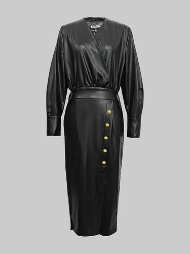 Long Sleeves Puff Sleeves Buttoned Pleated Solid Color V-Neck Midi Dresses