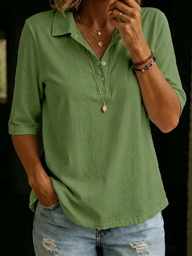 1778506 Half Sleeves Loose Buttoned Solid Color Lapel Blouses&Shirts Tops