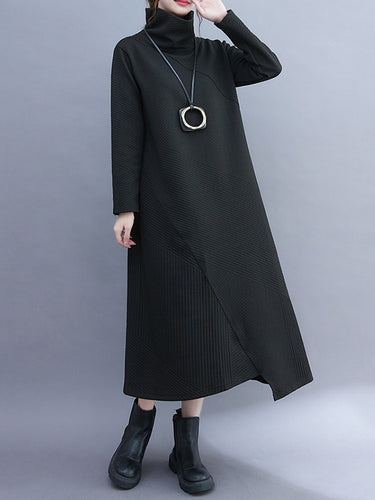 Irregularidad vintage mangas largas Color sólido Vestidos midi de cuello alto