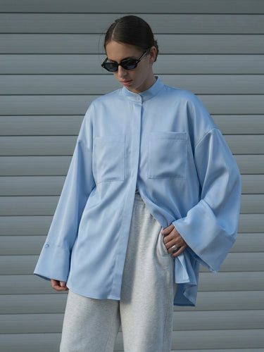 1780093 Flared Sleeves Long Sleeves Buttoned Pockets Solid Color Stand Collar Blouses&Shirts Tops