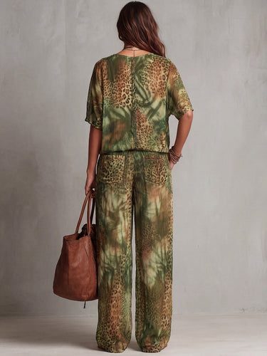 1781477 High Waisted Wide Leg Contrast Color Elasticity Leopard Pockets Pants Trousers