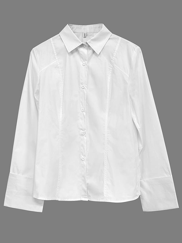 Solid Color See-Through Lace Long Sleeve Lapel Single Breasted Blouse