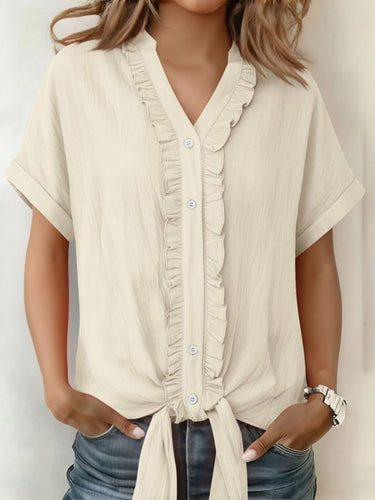 1774782 Loose Short Sleeves Buttoned Knot Ruffle Trim Solid Color V-Neck Blouses&Shirts Tops