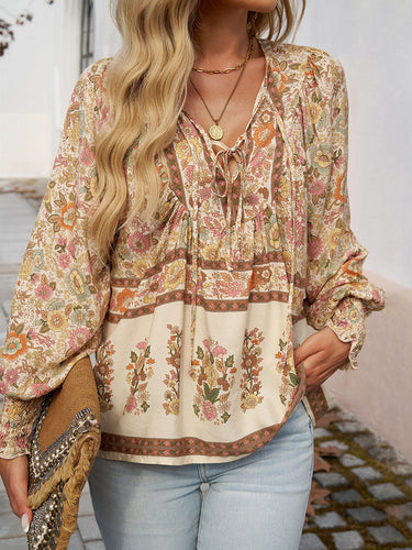 1744081 Long Sleeves Loose Contrast Color Drawstring Flower Print Pleated Split-Joint V-Neck Blouses&Shirts Tops