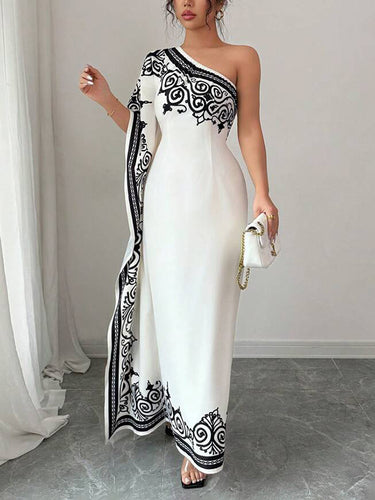 1670010 Batwing Sleeves Loose Asymmetric Elasticity Flower Print Pleated One-Shoulder Maxi Dresses