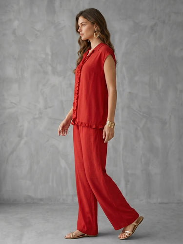 1785156 Solid Color Split-Joint Lapel Cap Sleeve Buttoned Ruffled Blouses&Shirts Tops + High Waisted Pockets Pants Trousers Two Pieces Set