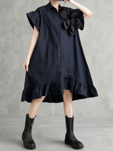 Loose Short Sleeves Asymmetric Buttoned Ruffled Solid Color Three-Dime Uoozee official Loose Short Sleeves Asymmetric Buttoned Ruffled Solid Color Three-Dime Uoozee official