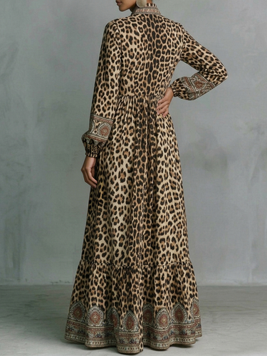 1780597 A-Line High Waisted Buttoned Contrast Color Leopard Pockets Printed Split-Joint Stand Collar Maxi Dresses