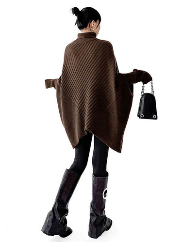 1726278 Batwing Sleeves Irregularity Asymmetric Ribbed Knit Solid Color Split-Joint High Neck Sweater Tops