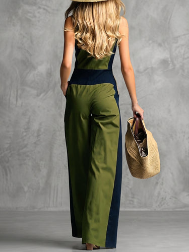 1774222 Sleeveless Wide Leg Contrast Color Pockets Zipper Lapel Jumpsuits