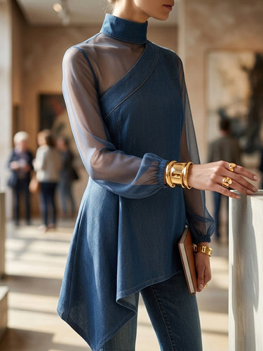 Long Sleeves Puff Sleeves Asymmetric Mesh Split-Joint Mock Neck Blouses&Shirts Tops