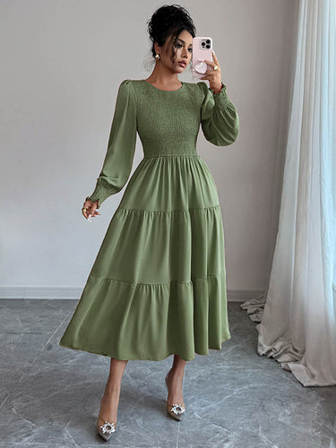 1731555 Elasticated Waist High Waisted Pleated Solid Color Split-Joint Round-Neck Midi Dresses