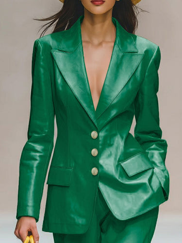 1727499 Long Sleeves Loose Buttoned Pockets Solid Color Notched Collar Blazer Outerwear