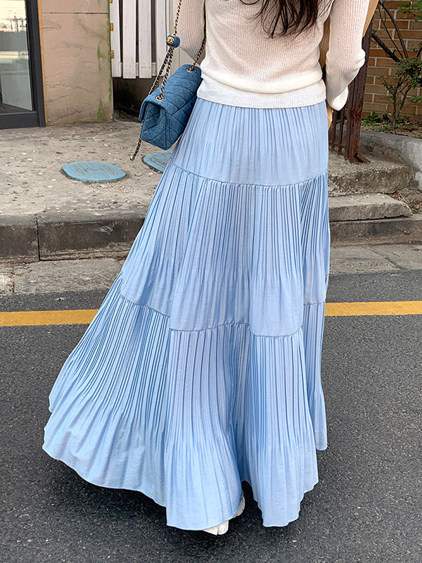 Urban Solid Color Split-Joint Mesh Pleated A-Line Skirt