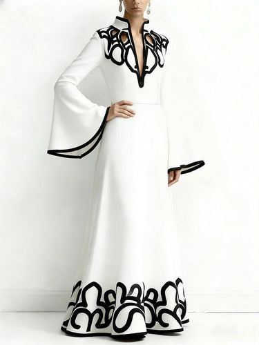 A-Line Flared Sleeves Abstract Printed Contrast Color Hollow Line Split-Joint Stand Collar Maxi Dresses