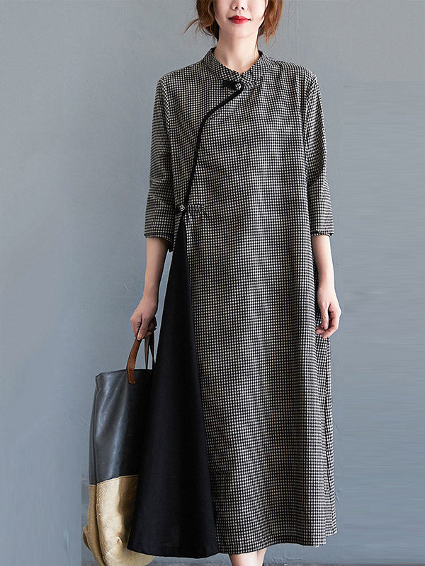 False Two Short Sleeves Gauze Jacquard Solid Color Stand Collar Long Cheongsams Midi Dresses