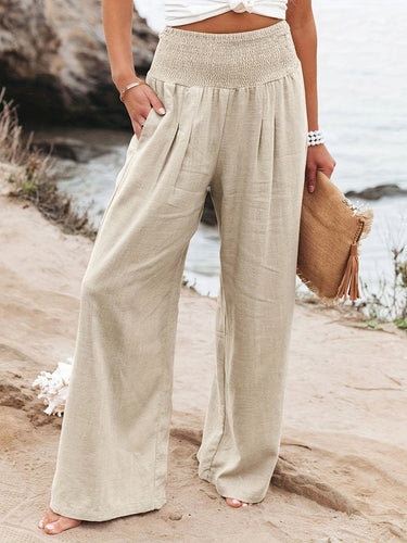Elasticated Waist High Waisted Pleated Pockets Solid Color Split-Joint Pants