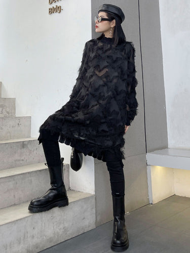 1721440 Irregularity Long Sleeves Asymmetric Mesh Pockets See-Through Solid Color Split-Joint Tasseled Stand Collar Midi Dresses