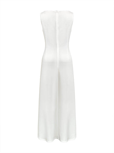 Manga sem mangas Gaze plissado colorido sólido, vestidos redondos vestidos maxi vestidos maxi