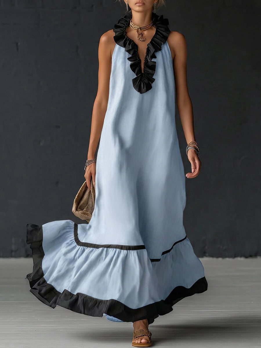 A-Line Loose Contrast Color Pleated Ruffle Trim Split-Joint V-Neck Max ...