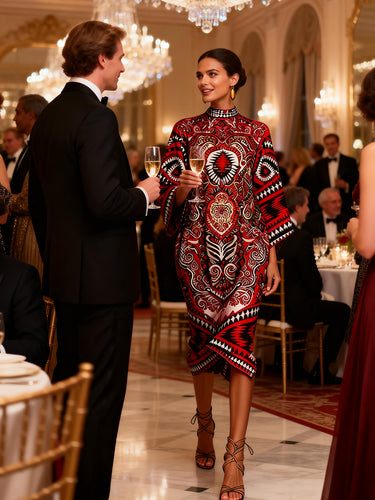 Flared Sleeves Long Sleeves Contrast Color Flower Print Geometric Split-Joint Round-Neck Midi Dresses