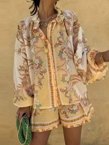 1754873 High Waisted Long Sleeves Belted Buttoned Contrast Color Elasticity Flower Print Ruffled Split-Joint Stand Collar Blouses&Shirts Tops + Shorts Bottoms Two Pieces Set