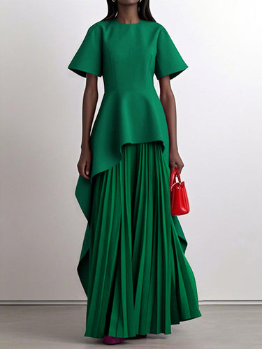 A-Line High Waisted Pleated Solid Color Split-Joint Round-Neck Maxi Dresses