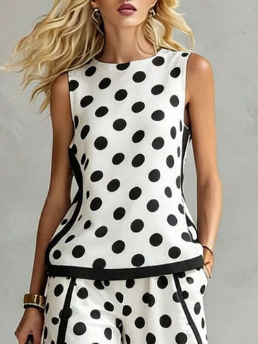 1787586 Sleeveless Contrast Color Polka Dot Round-Neck Tank Top
