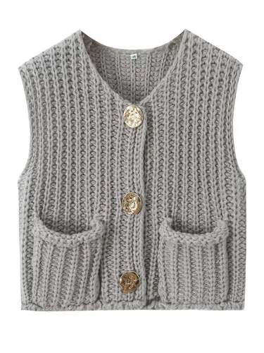 1783582 Sleeveless Buttoned Pockets Solid Color Cardigan Tops Knit Top