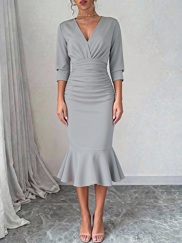 Bodycon Elasticated Waist Interlace Solid Color Split-Joint Split-Side Deep V-Neck Midi Dresses
