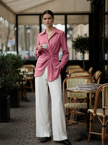 Langärmlige Wickelblusen &amp; -hemden mit asymmetrischem Knoten und plissiertem Revers 