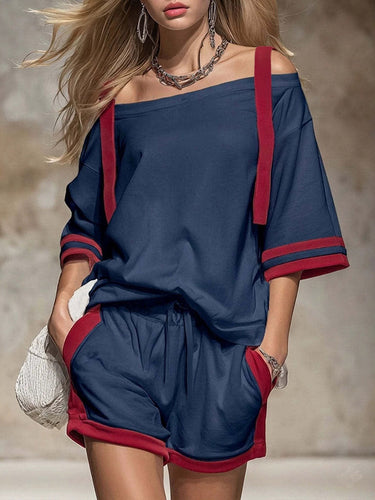 1775139 Meia manga solta contraste cor bolsos com cordão fora do ombro camiseta top + shorts parte inferior conjunto de duas peças