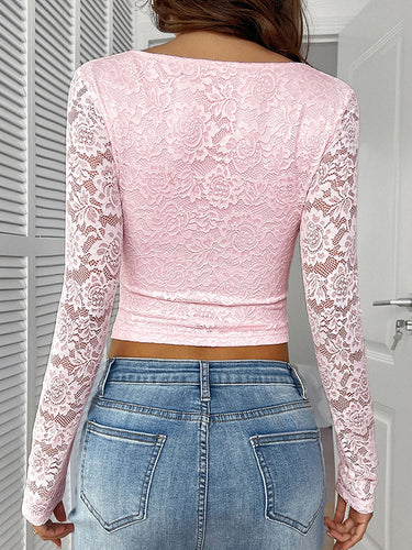 1717932 Long Sleeves Skinny Bow-Embellished Flower Print Hollow See-Through Split-Joint Deep V-Neck Blouses&Shirts Tops
