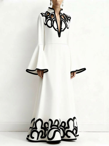 A-Line Flared Sleeves Abstract Printed Contrast Color Hollow Line Split-Joint Stand Collar Maxi Dresses
