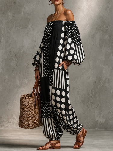1779501 Long Sleeves Puff Sleeves Contrast Color Elasticity Polka Dot Split-Joint Striped Off-The-Shoulder Jumpsuits
