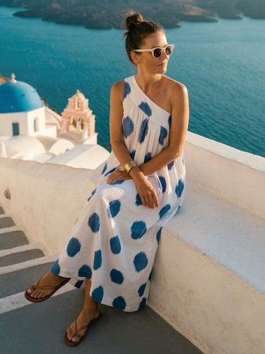 1759720 A-line Loose Contrast Color Pleated Polka-Dot Split-Joint One-shoulder Maxi Dresses