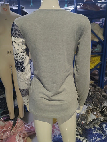 1722476 Irregularity Long Sleeves Asymmetric Buckle Contrast Color Pleated Split-Joint Round-Neck T-Shirts Tops