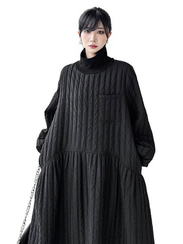 1720223 A-Line Long Sleeves Embossed Pockets Quilted Solid Color Split-Joint High Neck Midi Dresses Sweater Dresses