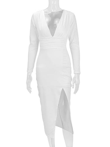 1726393 Bodycon Elasticated Waist Pleated Solid Color Split-Joint Split-Side Deep V-Neck Midi Dresses