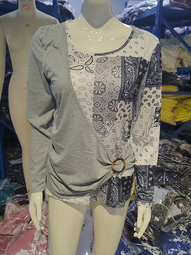 1722471 Irregularity Long Sleeves Asymmetric Buckle Contrast Color Pleated Split-Joint Round-Neck T-Shirts Tops