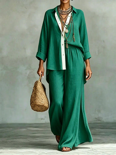 1783423 Long Sleeves Loose Buttoned Elasticity Solid Color Lapel Blouse Top + Pants Bottom Two Pieces Set