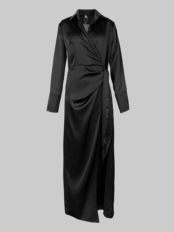 Solid Color Long Sleeve Shirt Collar Maxi Dress