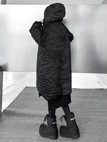 1720073 High-Low Irregularity Abstract Printed Contrast Color Split-Joint Zipper Hooded Outerwear Overcoat