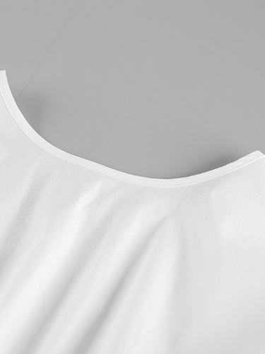 1742220 Elasticated Waist High Waisted Pleated Solid Color Split-Joint Tied Waist Round-Neck Blouses&Shirts Tops