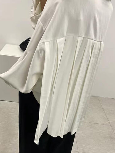1076898 Long Sleeves Loose Buttoned Pleated Solid Color Lapel Collar Blouses&shirts Tops
