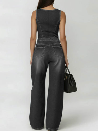 High Waisted Loose Geometric Hollow Pockets Solid Color Split-Joint Round-Neck Jumpsuits