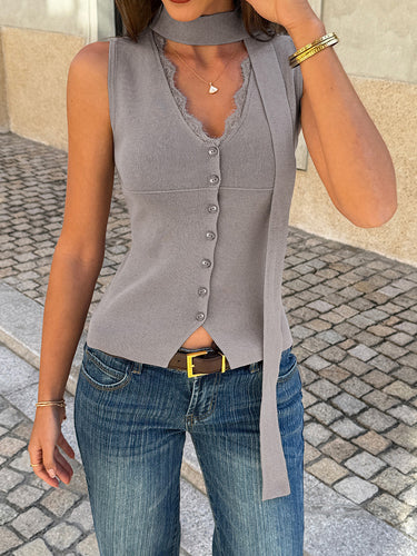 1787102 Loose Sleeveless Buttoned Ribbon Solid Color V-Neck Vest Outerwear